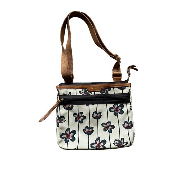 Fossil Handbags - Fossil Womens/Teen Off White/Beige Floral Coated Canvas Crossbody bag Casual
